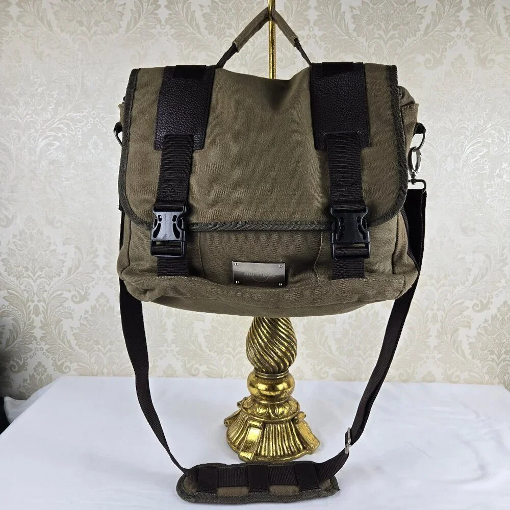 Hard Rock Olive Green Messenger Bag Laptop 100% Cotton Buckles Top Handle Strap